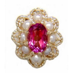 A1605 14K SLIDE WITH HOT PINK TOPAZ CENTER & PEARLS AROUND 